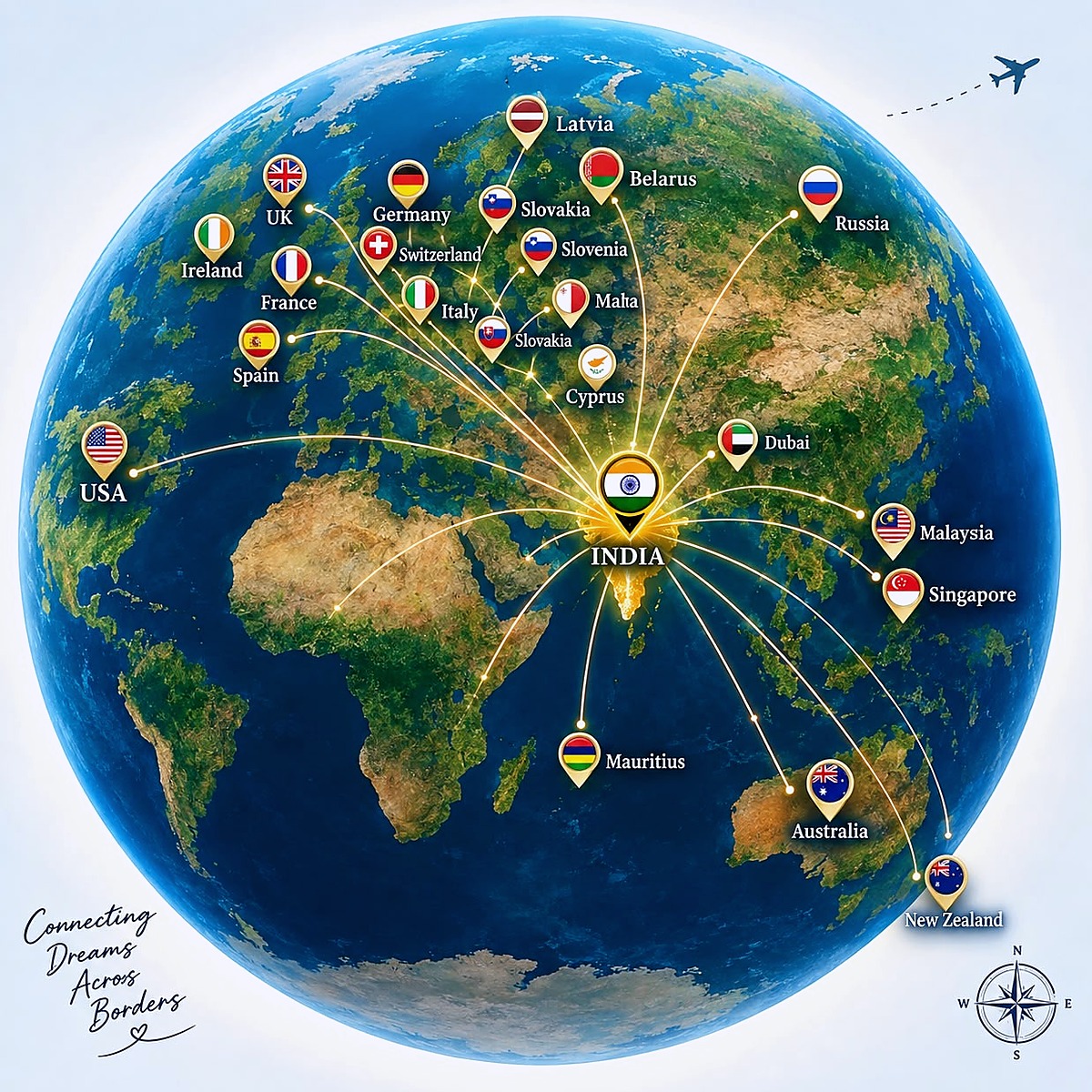 Global study and travel destinations connected from UV Overseas Rajkot office